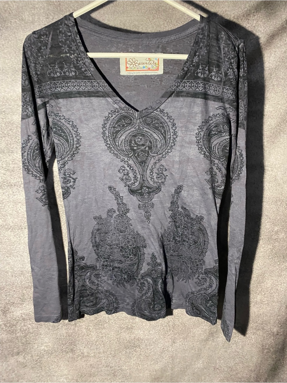 Aventura Women M Gray Long Sleeve Top Burnout Paisley V-Neck Layered Print Boho